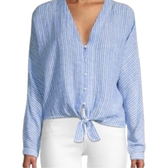 Rails Tops - Rails Sloane Linen Blend Top Medium Blue Button Up Striped Front Tie Blouse